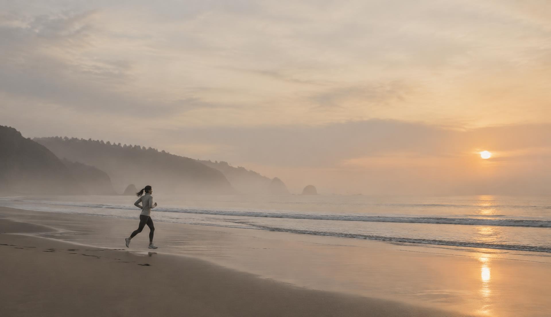 A runner on the shoreline at dawn